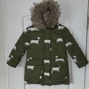 Mini Boden dachshund Dog Print Jacket coat 6-7 faux fur puffer